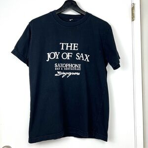 Vintage Graphic Cotton T Shirt ‘The Joy of Sax’ Singapore Print M Black White